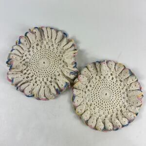 Vtg Crochet Pot Holders Set of 2 Round Ruffle Edge Doily Style 6.5" Multicolor